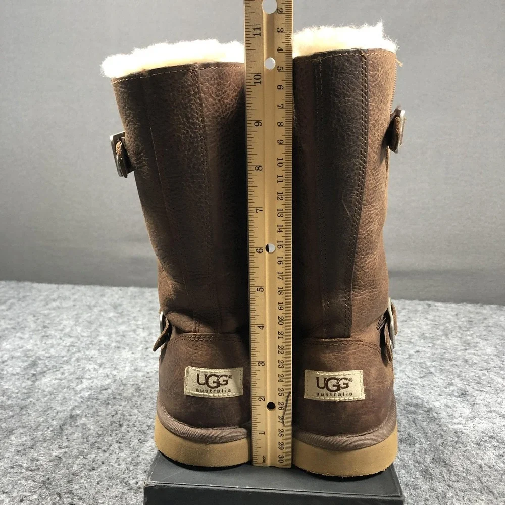 UGG Shearling Boots Girls 3 Brown Leather Zip Buckle Lined 1969 Mid Calf Winter